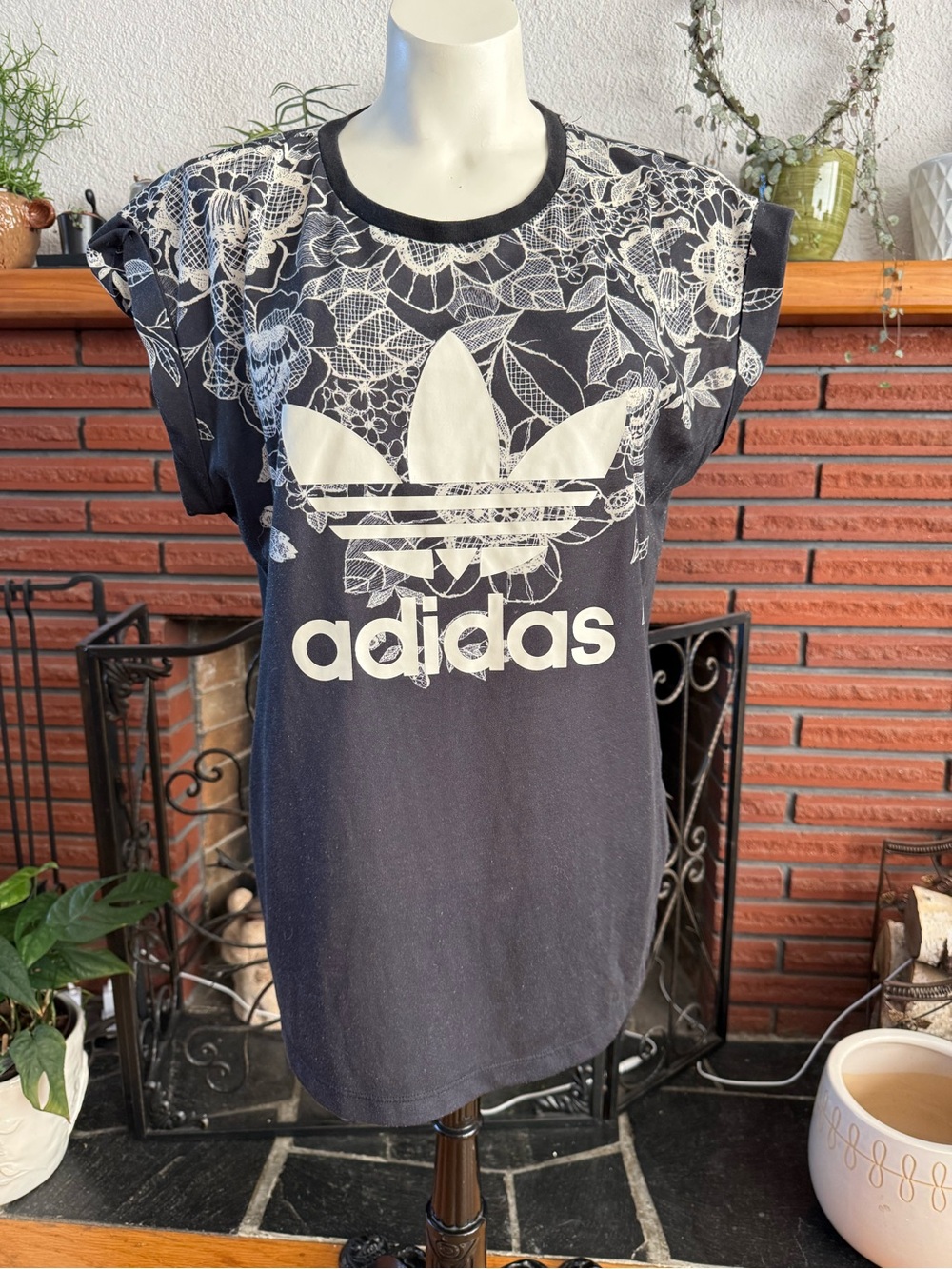 Adidas Black Tee with White Floral print